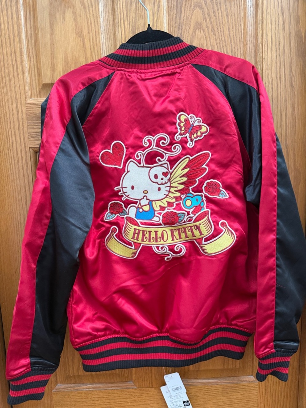 NWT HELLO KITTY RARE Satin Reversible Bomber Jacket w Embroidery Size L